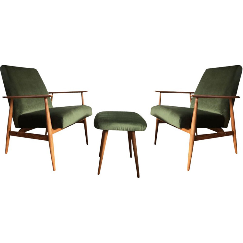 Pair of mid-century green armchairs with footrest by Henryk Lis, 1960s