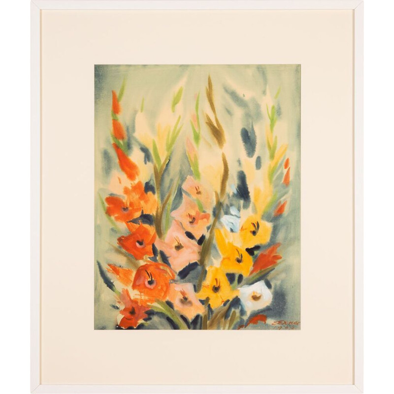 Aquarelle sur papier vintage cadre en bois de frêne "Gladiolus" par Erwin Exner, 1960