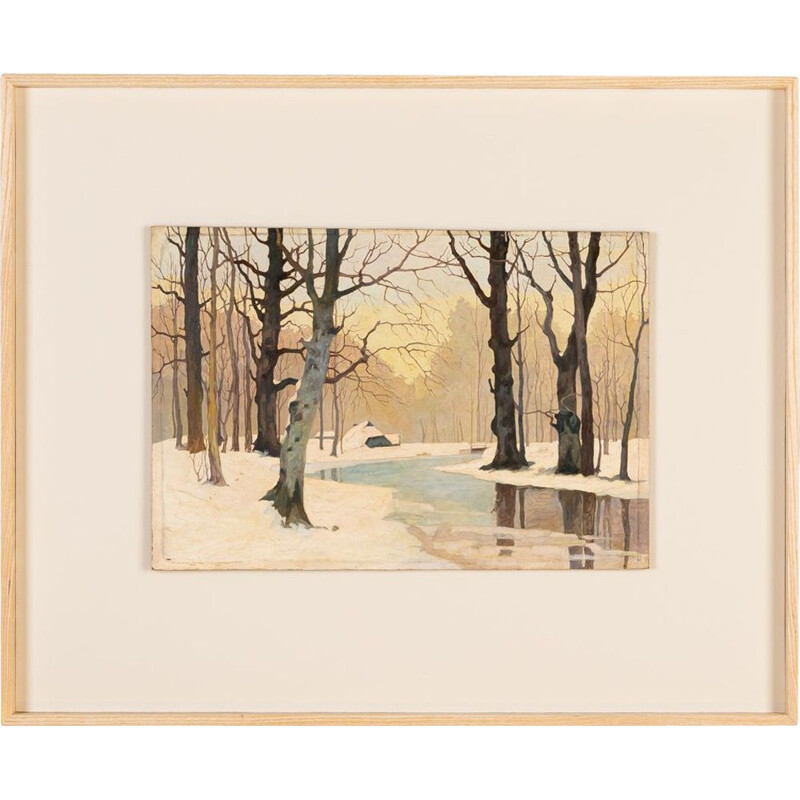Oil on vintage plate with ash wood frame "Winterwald".