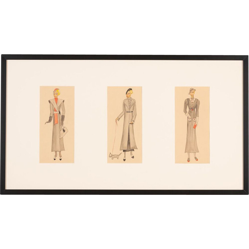 Gouache em papel art deco vintage "Fashion Illustration" emoldurado em madeira, 1920