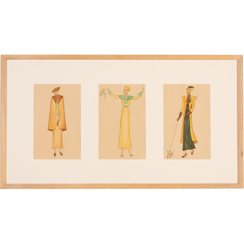 Gouache op vintage art deco papier met essenhouten lijst "Mode illustratie", 1920