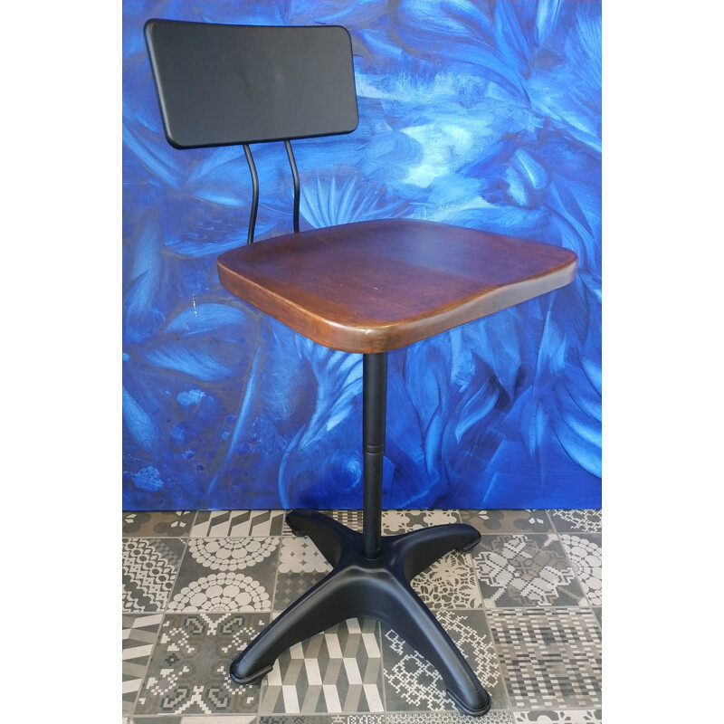 Industrial automatic adjustable stool with backrest by Kewaunee Mfg, USA 1930s