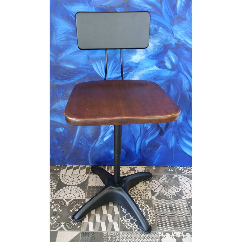 Industrial automatic adjustable stool with backrest by Kewaunee Mfg, USA 1930s