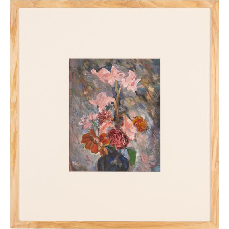 Acrylique sur carton vintage "Fleurs au pastel", 1940