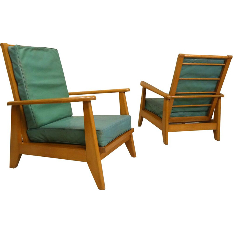 Pair of vintage green leather system armchairs, 1940-1950