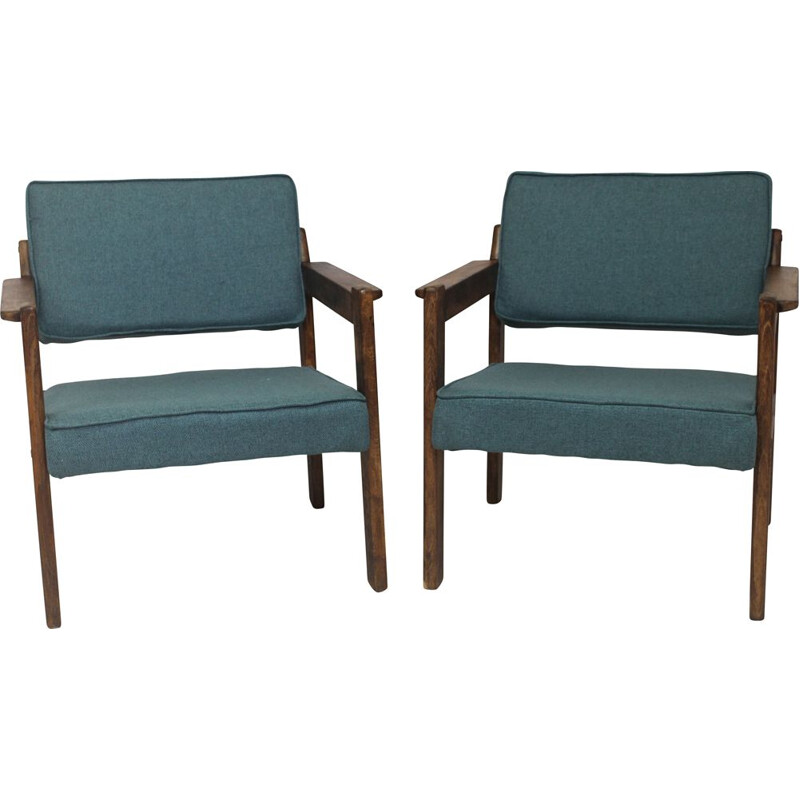 Pair of vintage wood and green fabric armchairs, 1970