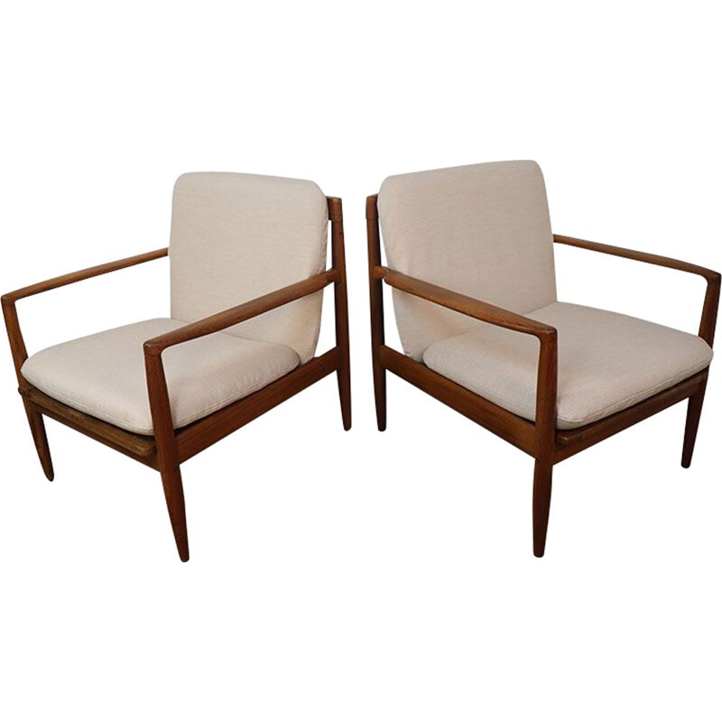 Pair of vintage Scandinavian teak and fabric armchairs, 1960