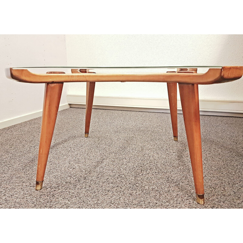 Table basse art déco vintage en bois et en laiton, "Acrilan" par William Watting pour Fristho Franeker, 1950