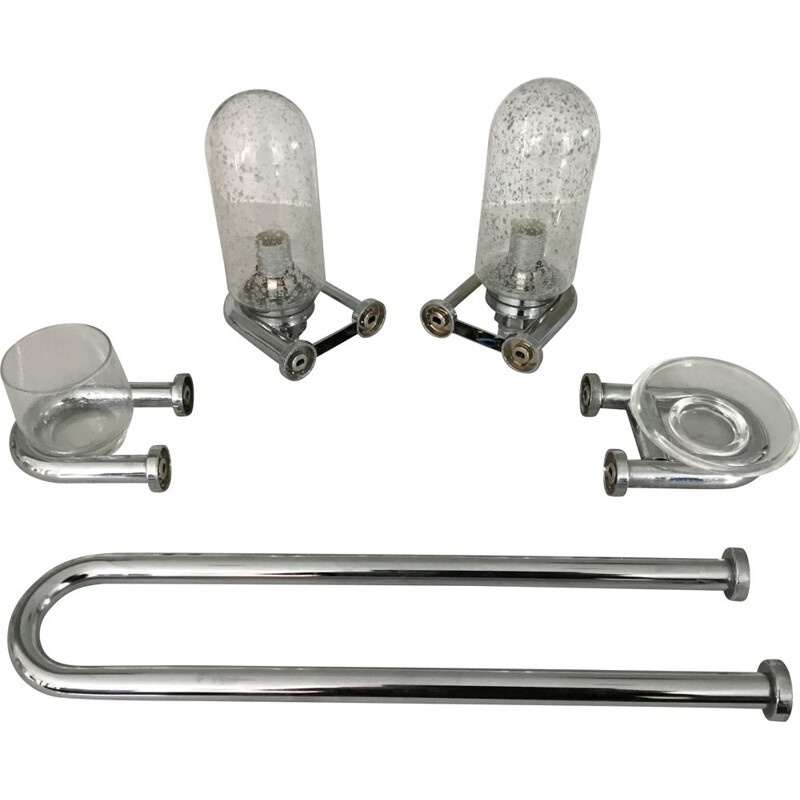Set van 2 badkamerlampen, zeepbakje, glashouder en vintage handdoekhouder