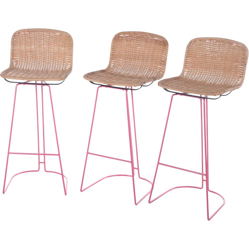 Italian vintage set of 3 bar stools made of cane and metal by Cidue, 1980s