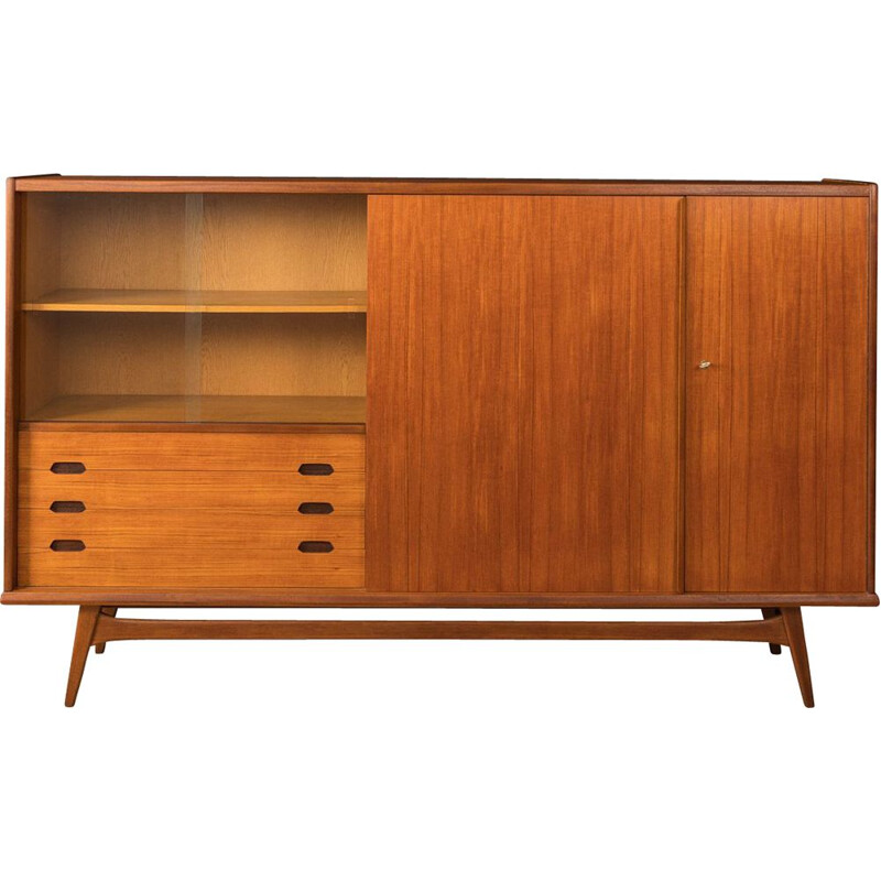 Scandinavian vintage teak highboard with two sliding glass doors, Germany 1960s