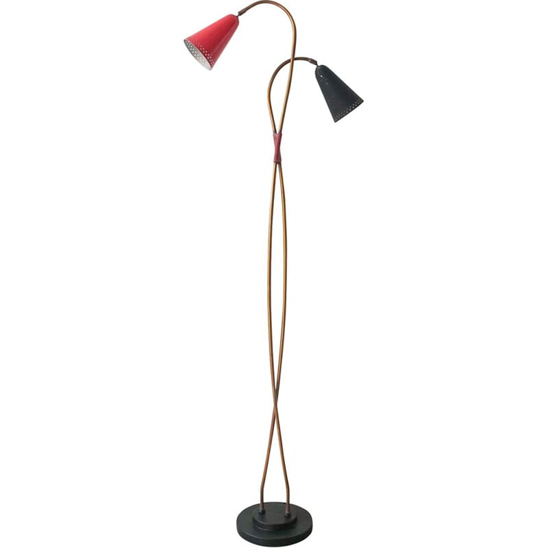 Red & black vintage German double floor lamp, 1950s