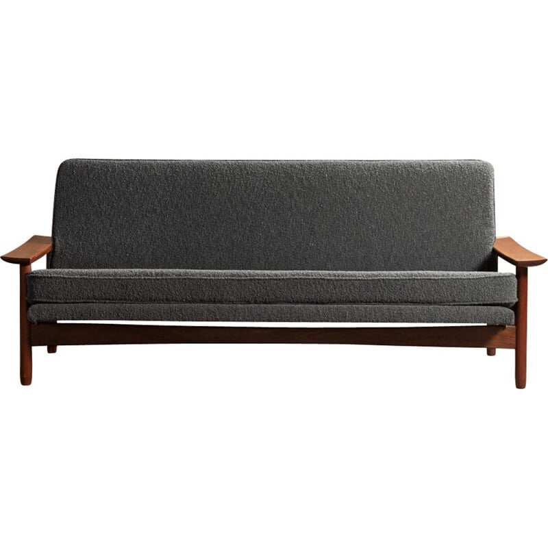 Vintage convertible sofa in teak and dark gray fabric 3 places by Gérard Guermonprez