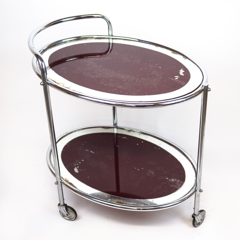 Vintage oval chrome and glass drinks cart, UK 1940