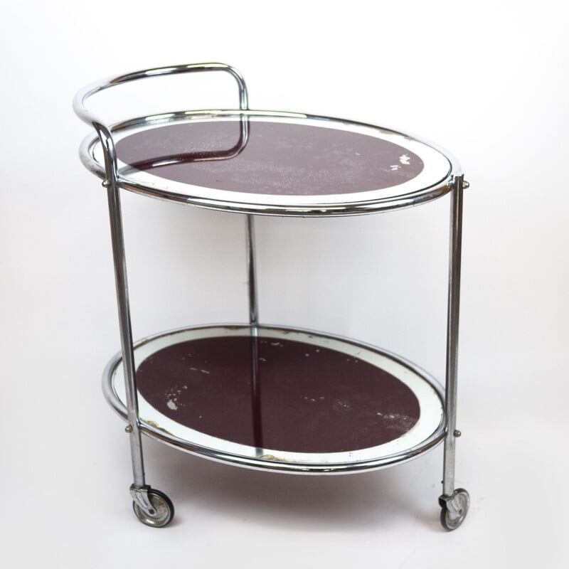 Vintage oval chrome and glass drinks cart, UK 1940