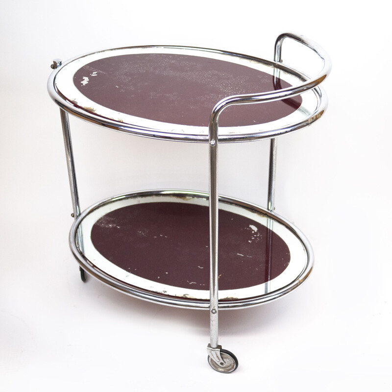 Vintage oval chrome and glass drinks cart, UK 1940