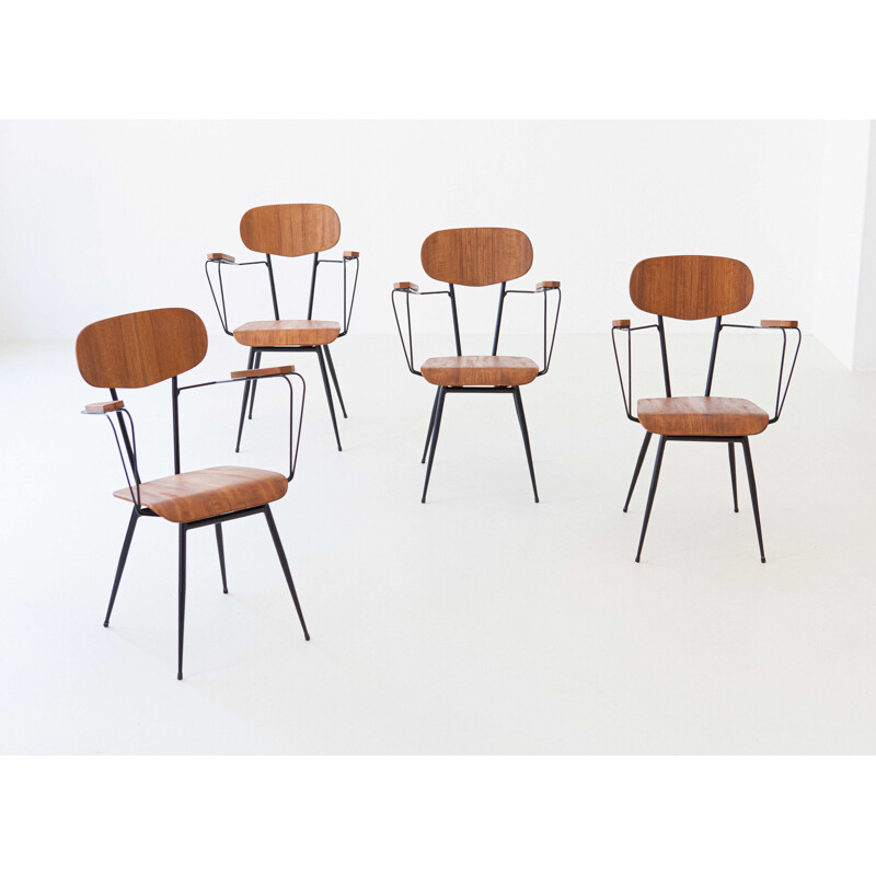Set of 4 Italian vintage iron and teak dining chairs with armrests, 1950s