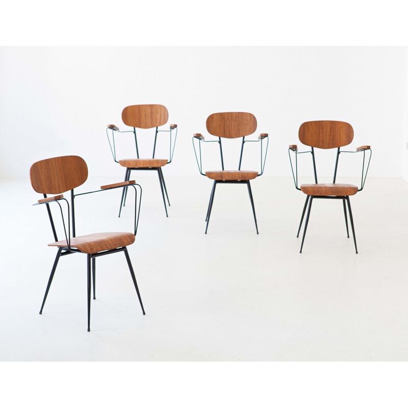 Set of 4 Italian vintage iron and teak dining chairs with armrests, 1950s