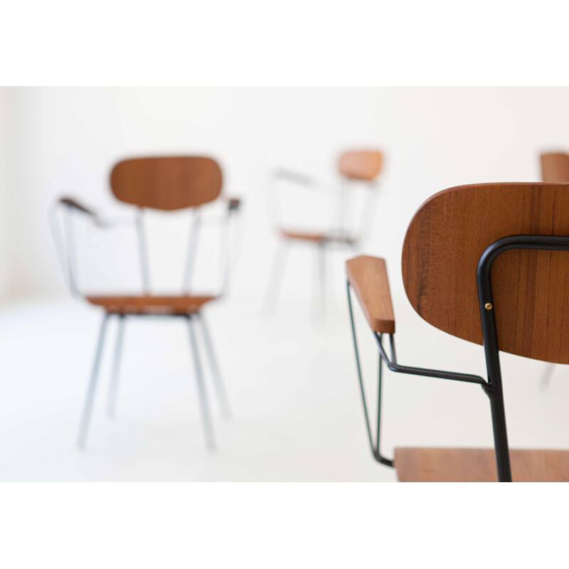 Set of 4 Italian vintage iron and teak dining chairs with armrests, 1950s