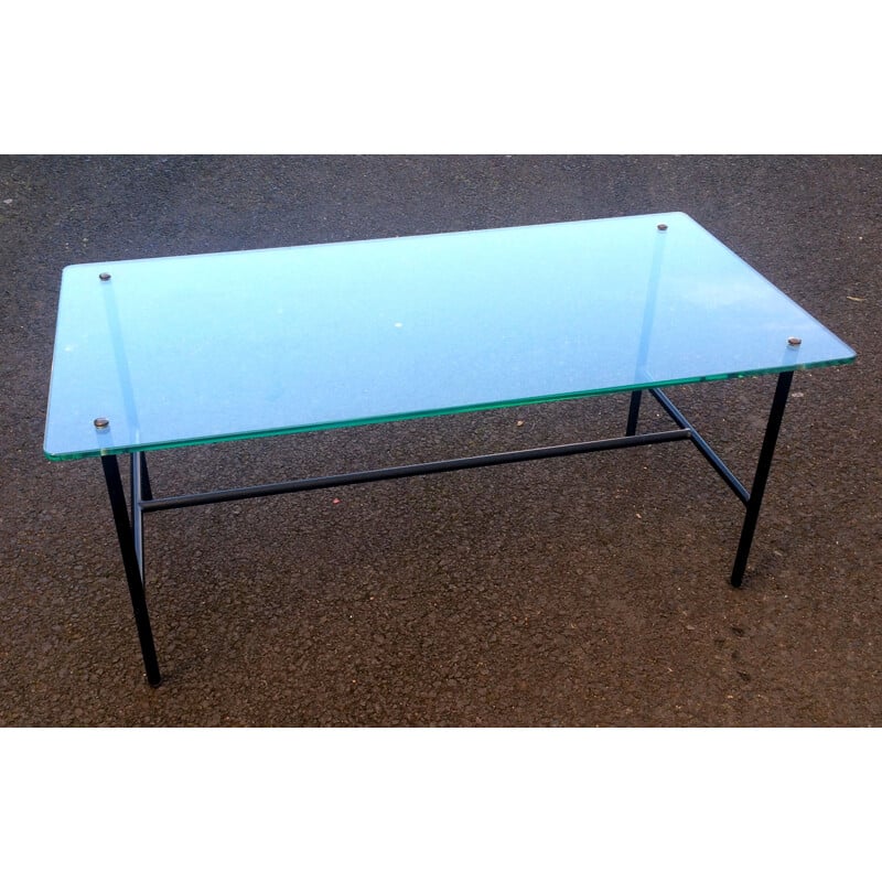 Table basse française Disderot verre et acier, Pierre GUARICHE - 1950