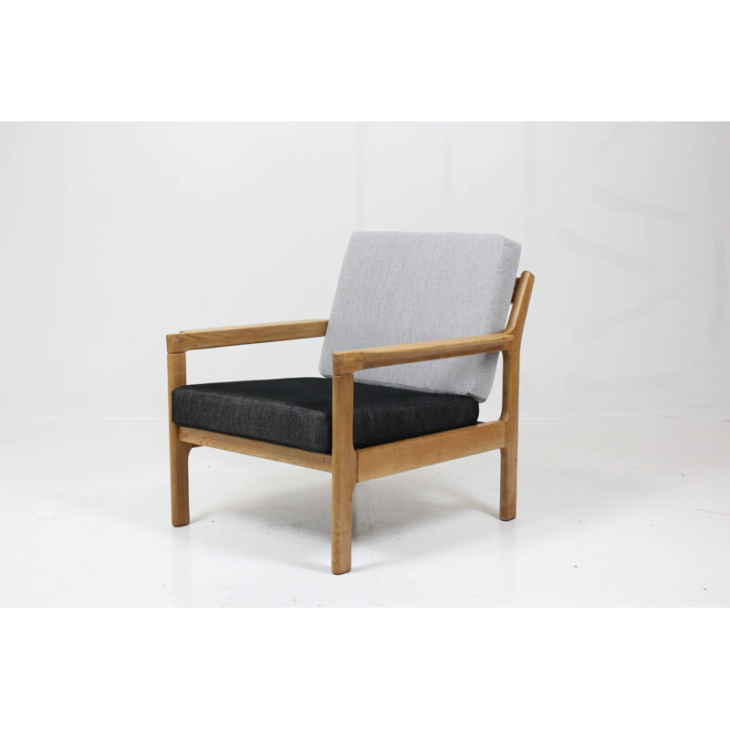 Armchair in oak and grey fabric - 1960s