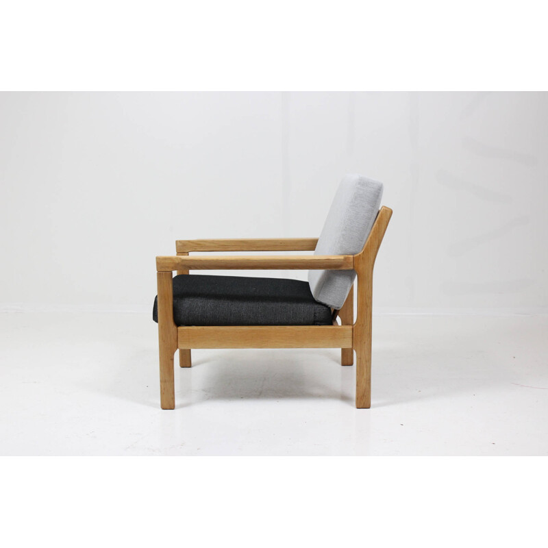 Armchair in oak and grey fabric - 1960s