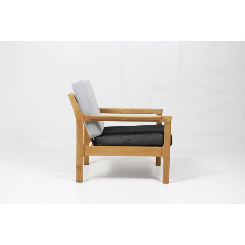 Armchair in oak and grey fabric - 1960s