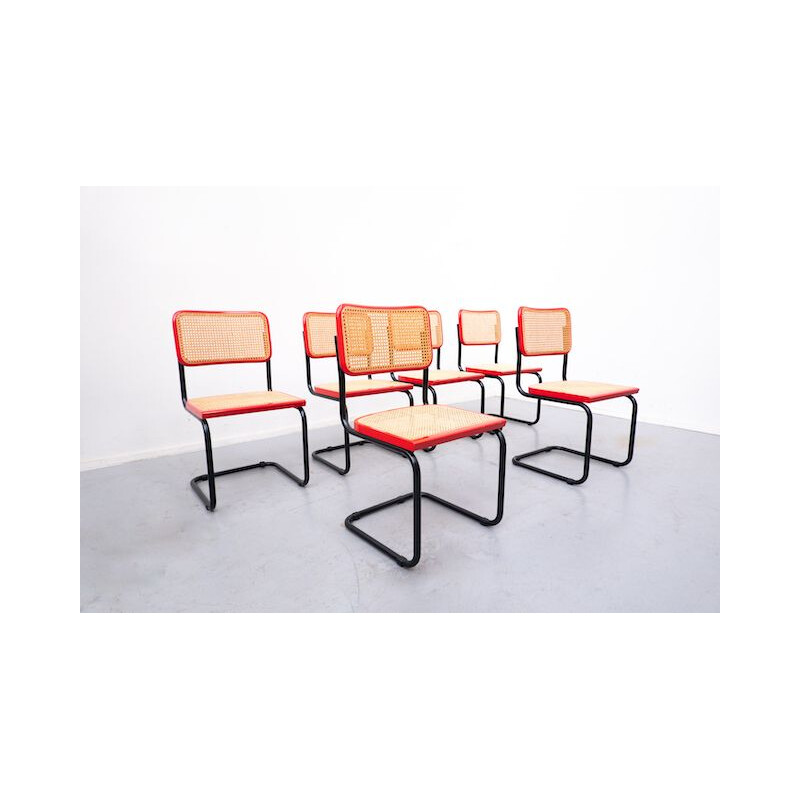 Set of 6 vintage red and canework chairs by Simon International, Italy 1960s