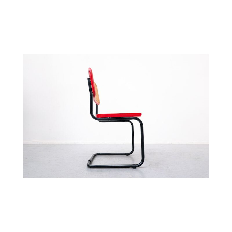 Ensemble de 6 chaises vintage rouges et cannées par Simon International, Italie 1960