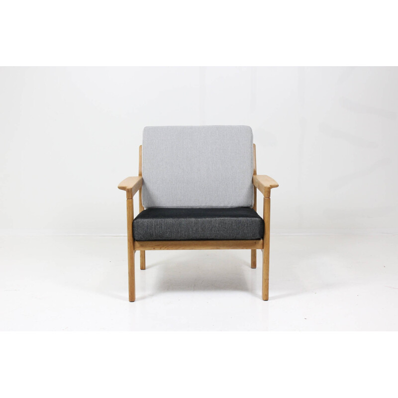 Armchair in oak and grey fabric - 1960s