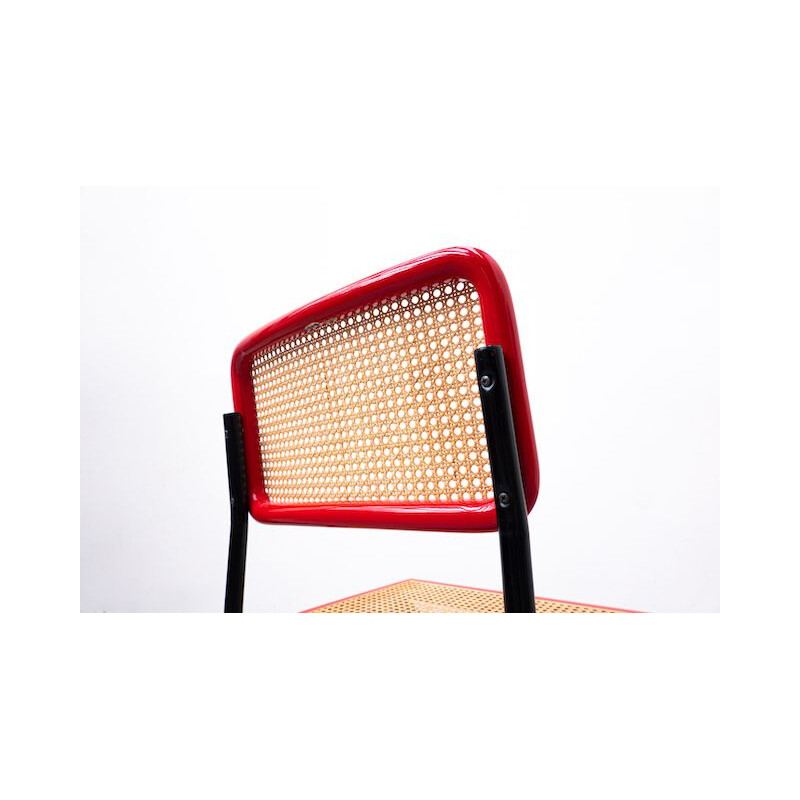 Juego de 6 sillas de caña rojas vintage de Simon International, Italia 1960