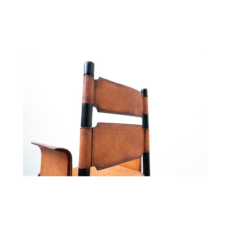 Vintage Italiaanse lederen en houten fauteuil, 1970