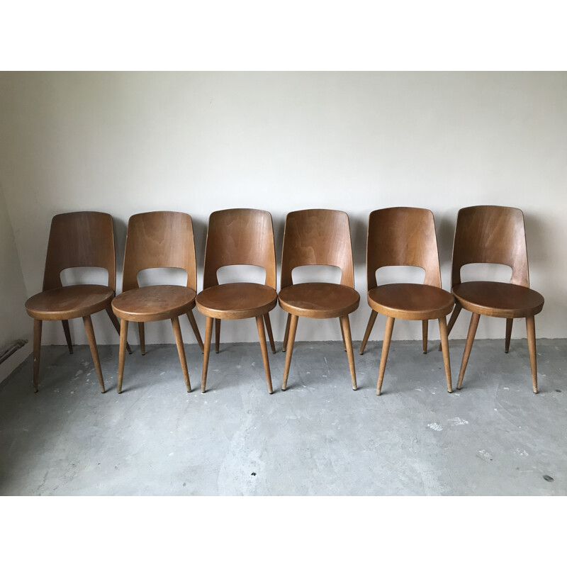 Ensemble de 6 chaises bistrot vintage pour Baumann, 1950