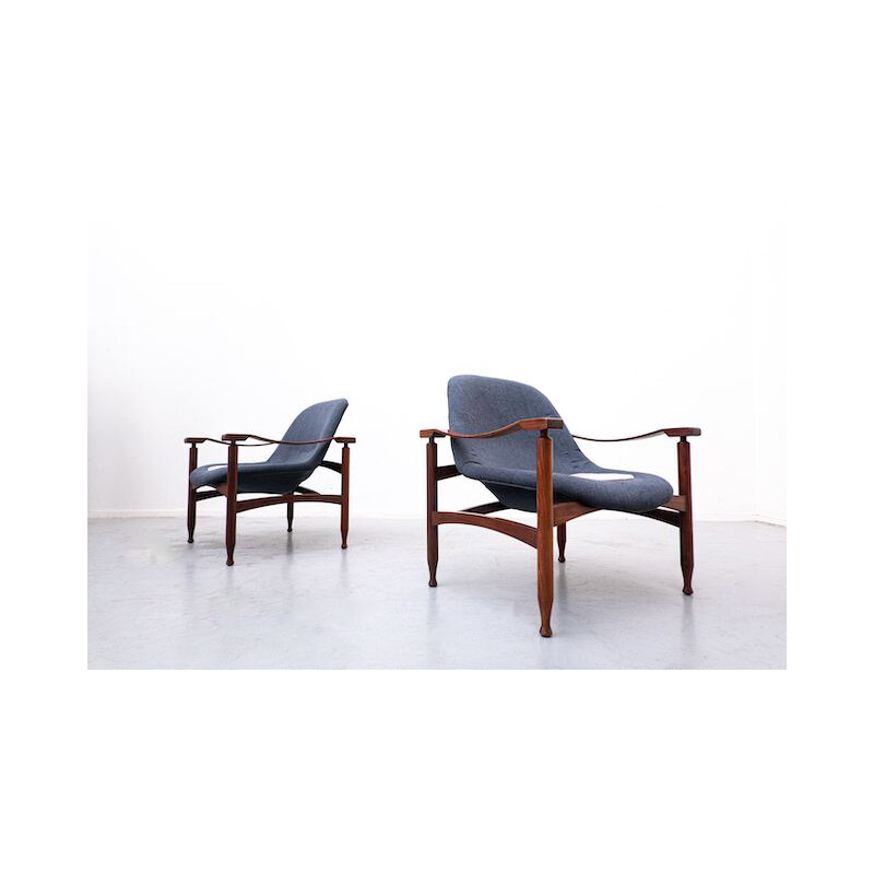 Pair of vintage blue armchairs in wood and fabric by Jorge Zalszupin, Brasil 1960s