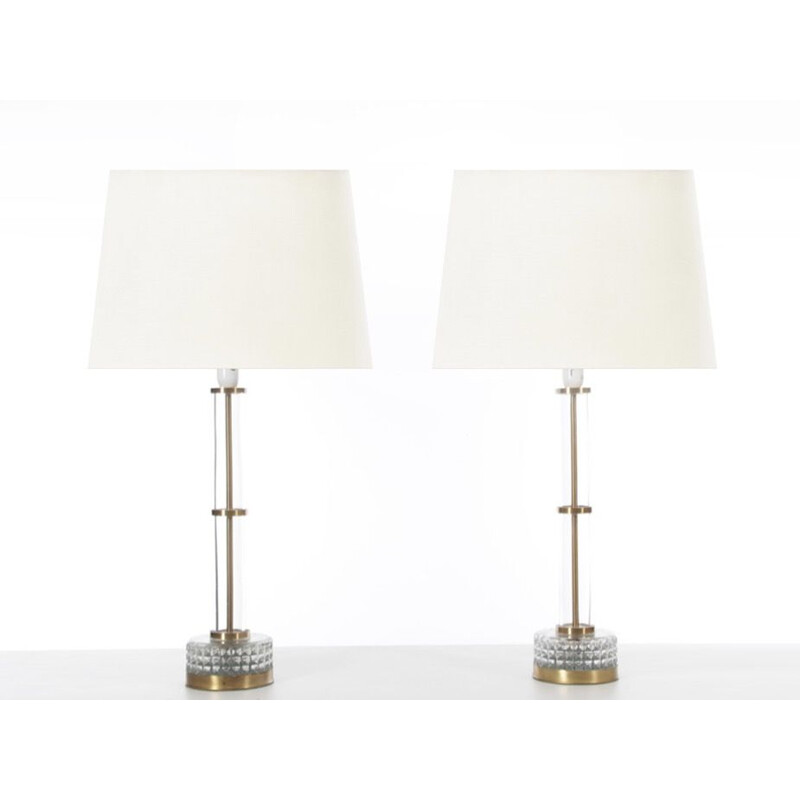 Paar Scandinavische vintage glazen lampen van Nybro Cristal
