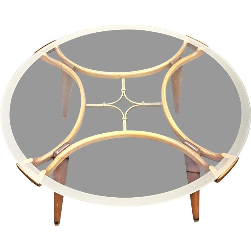 Vintage art deco wood and brass coffee table, "Acrilan" by William Watting for Fristho Franeker, 1950
