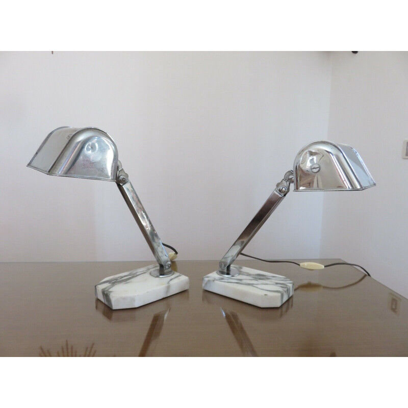 Pair of vintage Art Deco lamps in chromed brass and Carrara marble, 1930-1940