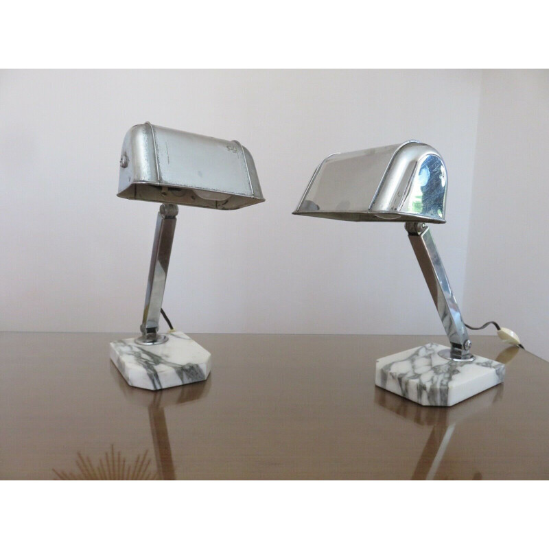 Pair of vintage Art Deco lamps in chromed brass and Carrara marble, 1930-1940