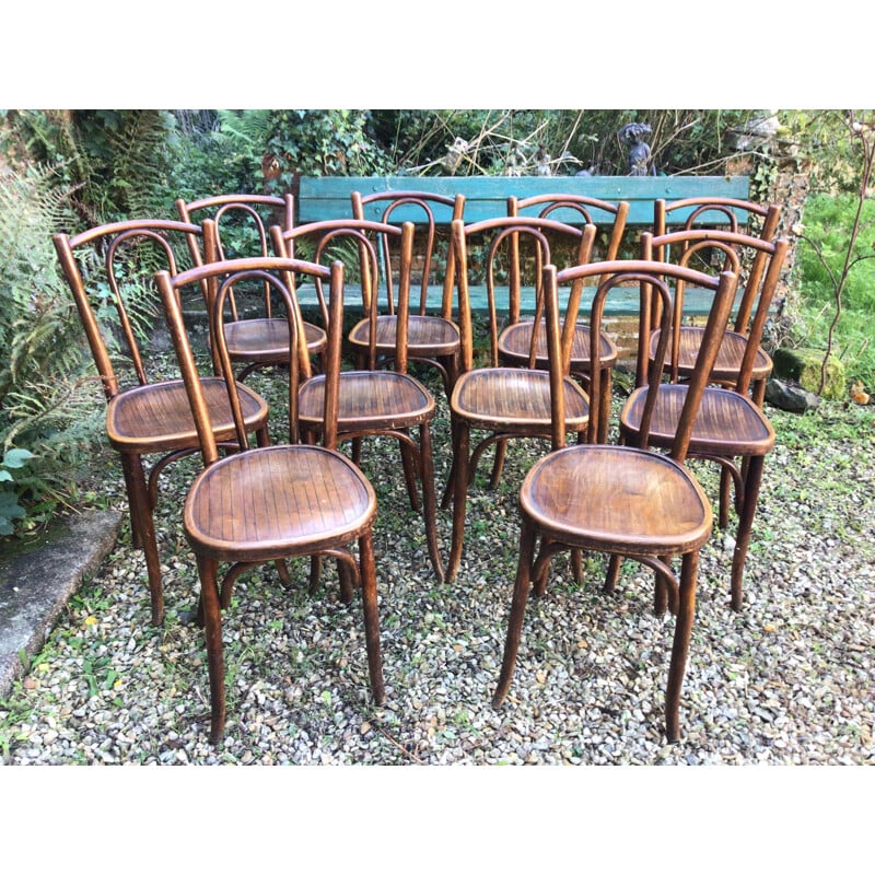 Ensemble de 10 chaises bistrot vintage par Japy, 1920-1930