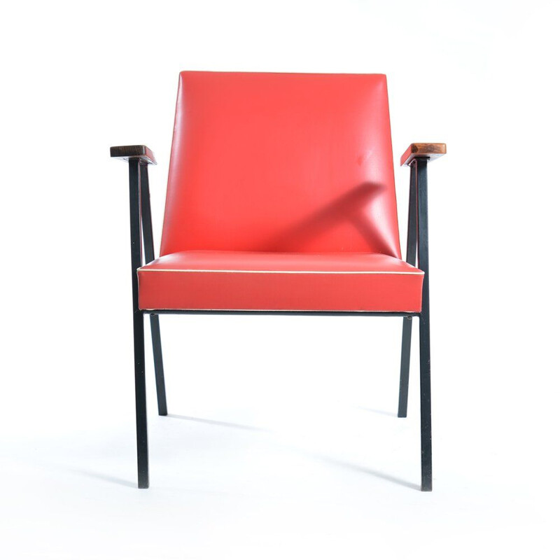 Vintage red leatherette armchair, Czechoslovakia 1950s