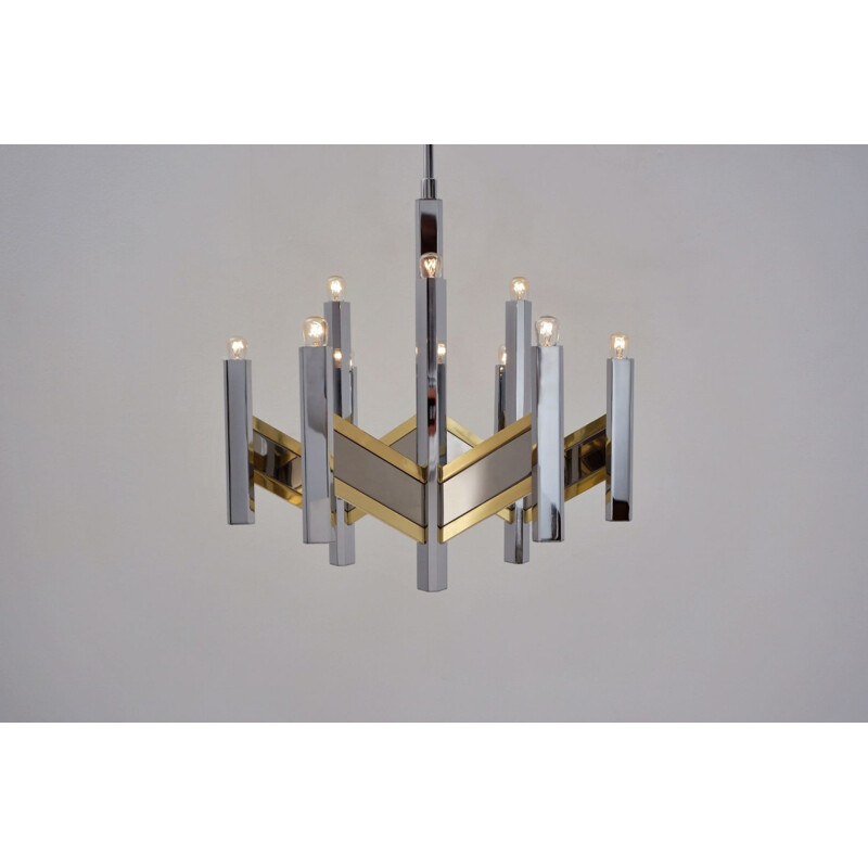 Vintage chandelier "Chevron" with 9 lights in brass & chrome by Sciolari, Italy 1970s