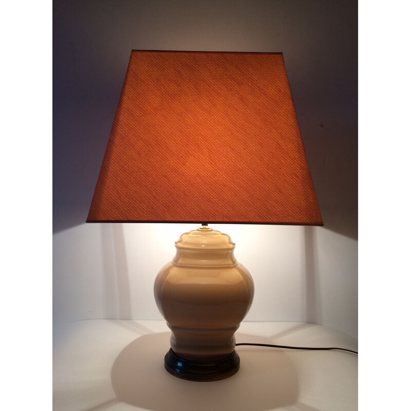 Vintage beige glass with brass base & shade table lamp, 1970s