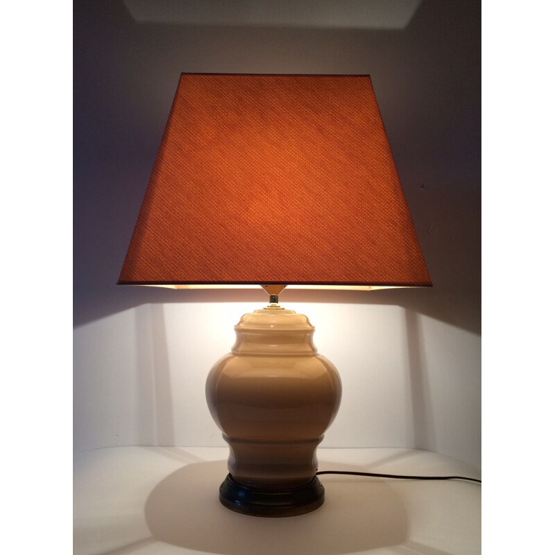 Vintage beige glass with brass base & shade table lamp, 1970s