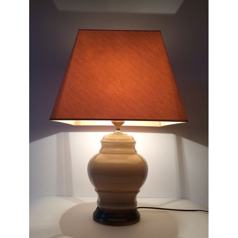 Vintage beige glass with brass base & shade table lamp, 1970s