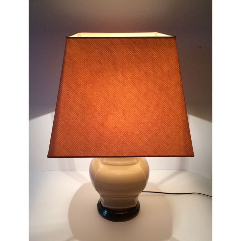 Vintage beige glass with brass base & shade table lamp, 1970s