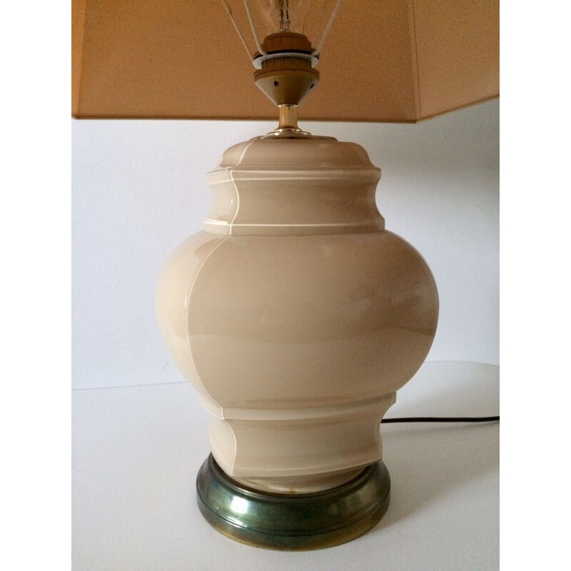Vintage beige glass with brass base & shade table lamp, 1970s