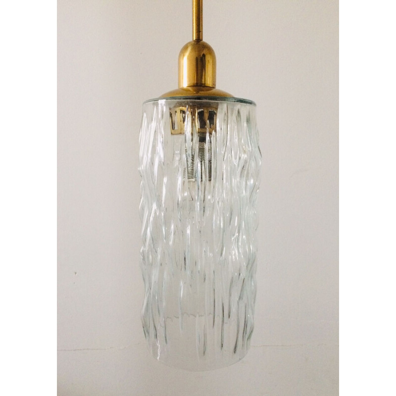 Vintage ice glass & brass pendant lamp, Germany 1960s