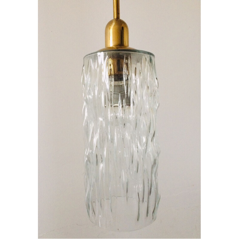 Vintage ice glass & brass pendant lamp, Germany 1960s