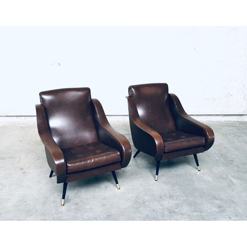 Paar vintage bruin lederen fauteuils, 1950