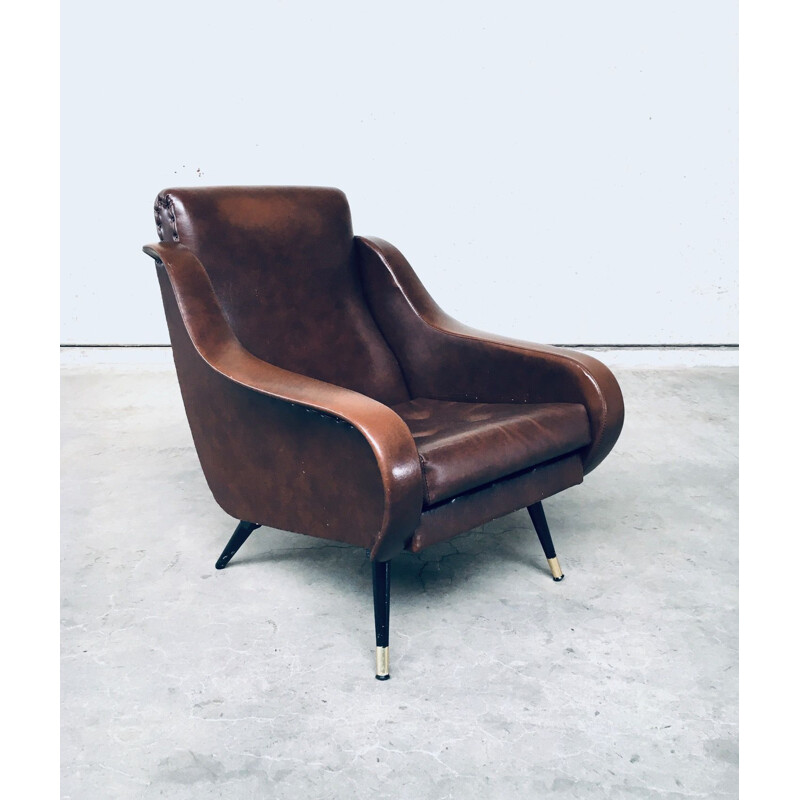 Pair of mid century brown leather armchairs, 1950s